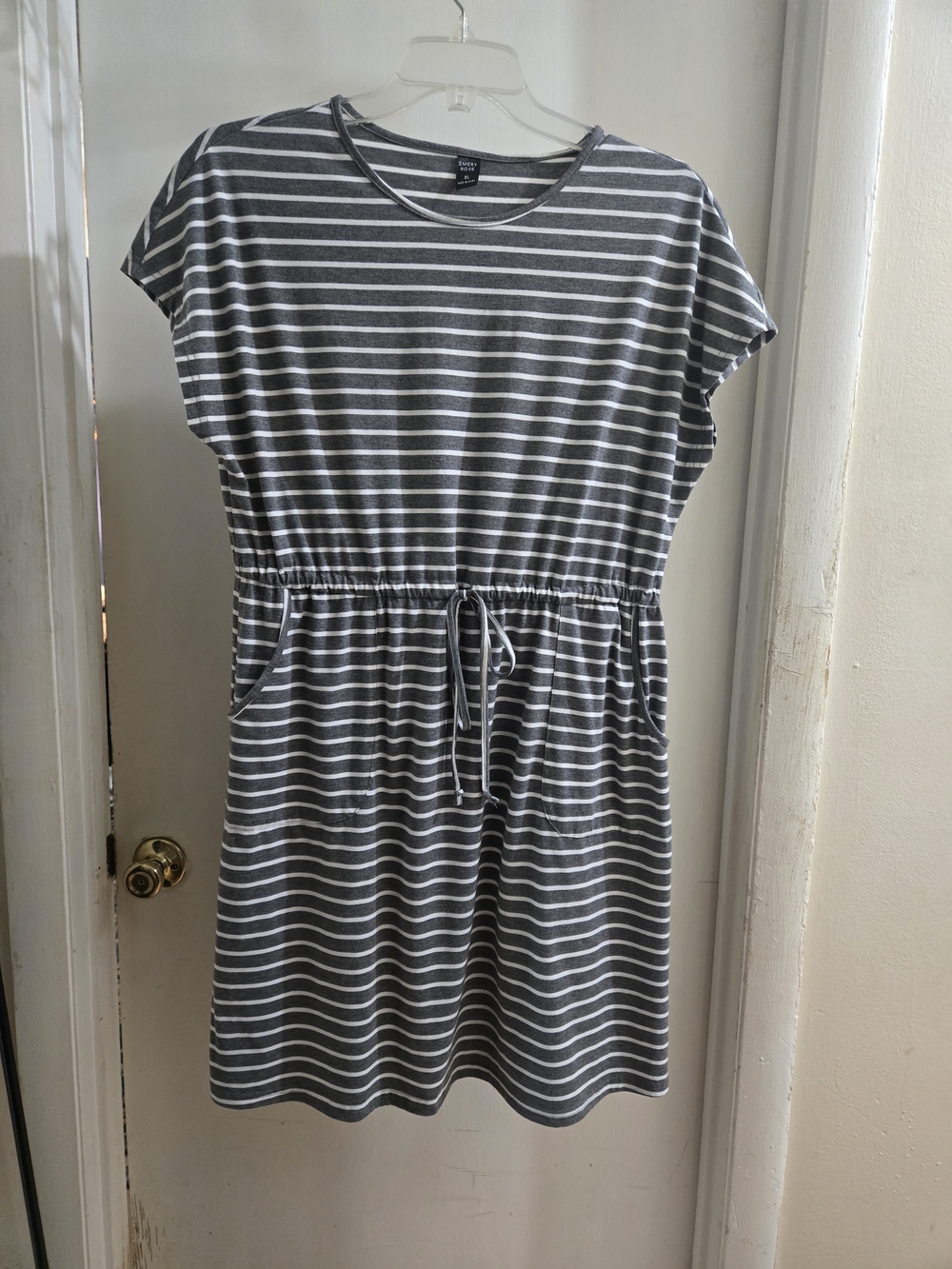 Grey & White Striped Drawstring Casual Dress